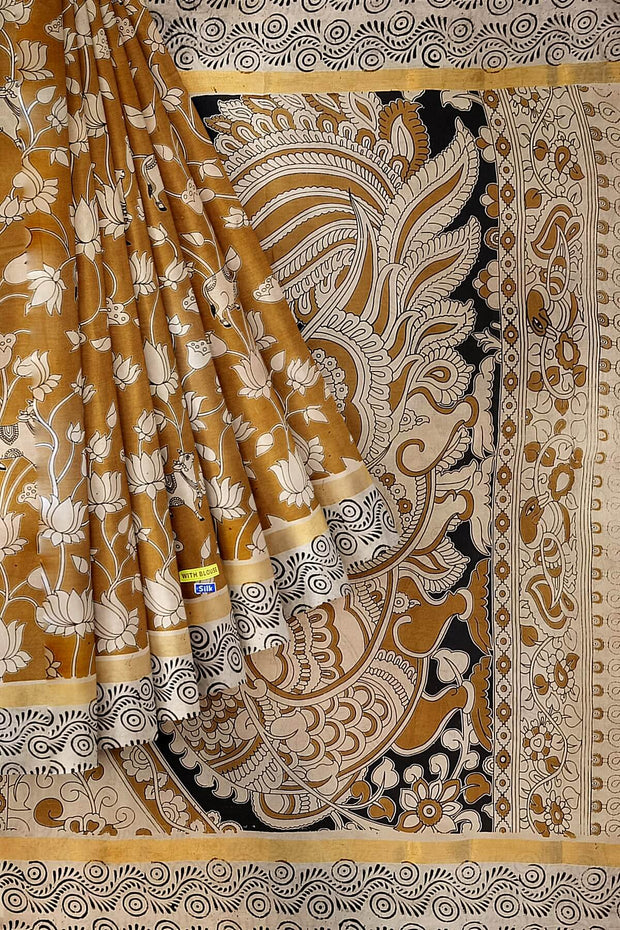 Mangalgiri silk cotton saree in mustard with  kalamkari print