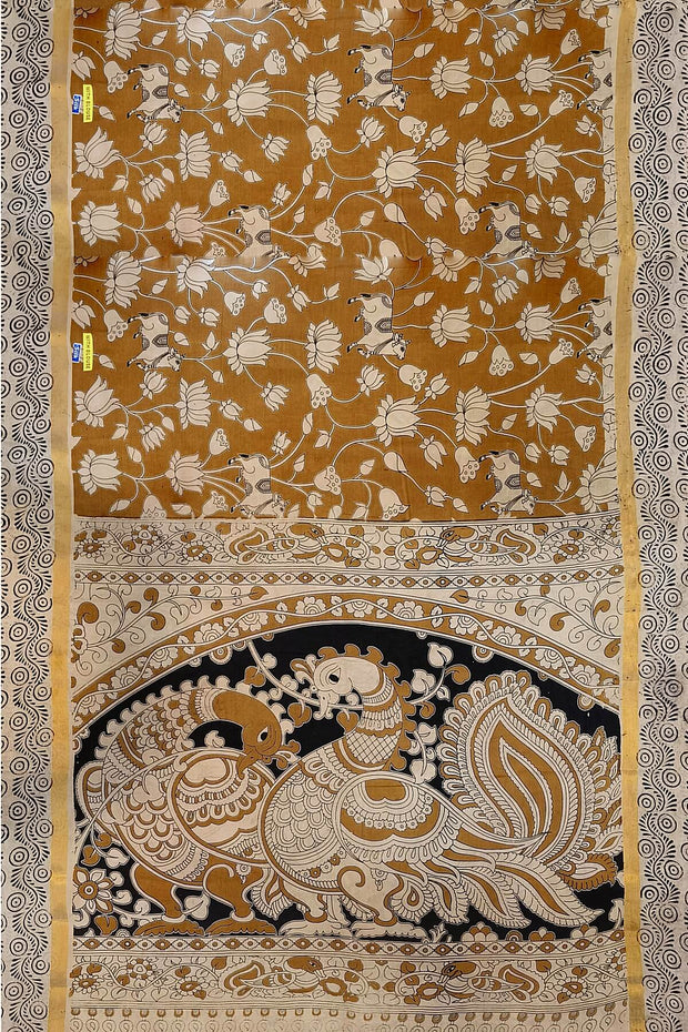 Mangalgiri silk cotton saree in mustard with  kalamkari print