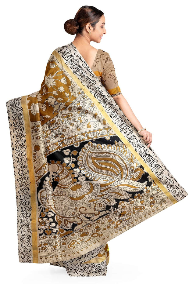 Mangalgiri silk cotton saree in mustard with  kalamkari print