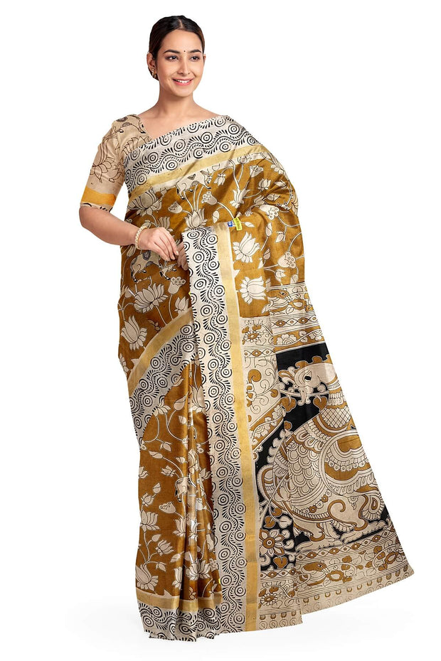 Mangalgiri silk cotton saree in mustard with  kalamkari print