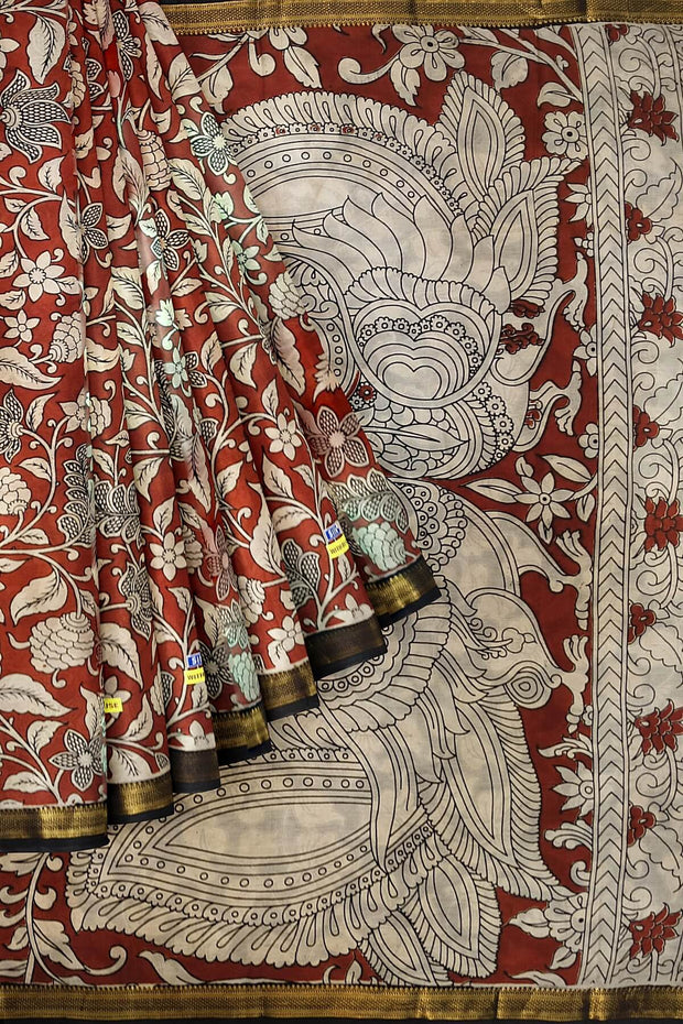 Mangalgiri silk cotton saree in maroon with kalamkari print