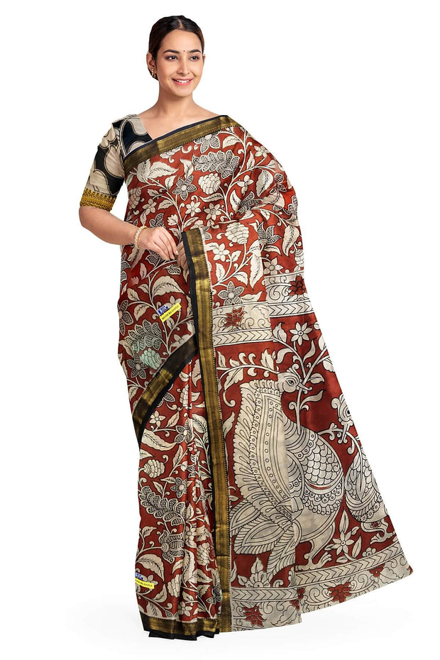 Mangalgiri silk cotton saree in maroon with kalamkari print