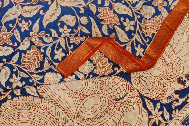 Mangalgiri silk cotton saree in blue with kalamkari print