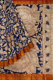 Mangalgiri silk cotton saree in blue with kalamkari print