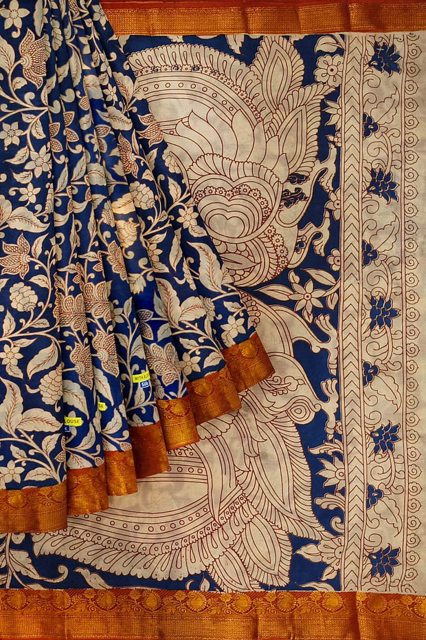 Mangalgiri silk cotton saree in blue with kalamkari print