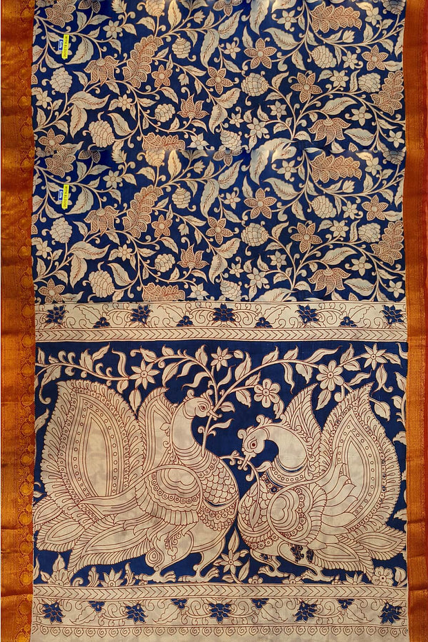 Mangalgiri silk cotton saree in blue with kalamkari print