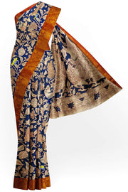 Mangalgiri silk cotton saree in blue with kalamkari print