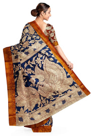 Mangalgiri silk cotton saree in blue with kalamkari print