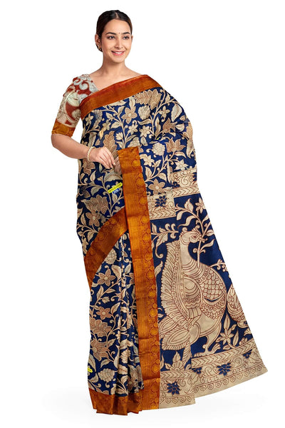 Mangalgiri silk cotton saree in blue with kalamkari print