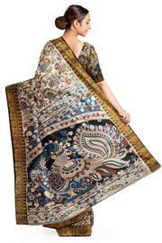 Mangalgiri silk cotton saree in off white with kalamkari print