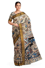 Mangalgiri silk cotton saree in off white with kalamkari print