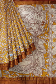 Mangalgiri silk cotton saree in mustard with kalamkari print