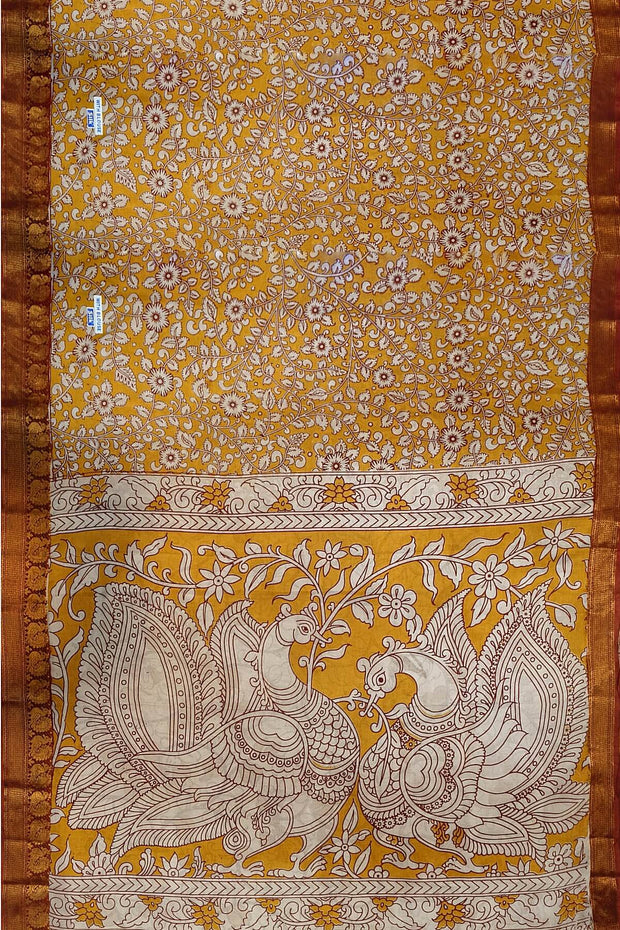 Mangalgiri silk cotton saree in mustard with kalamkari print