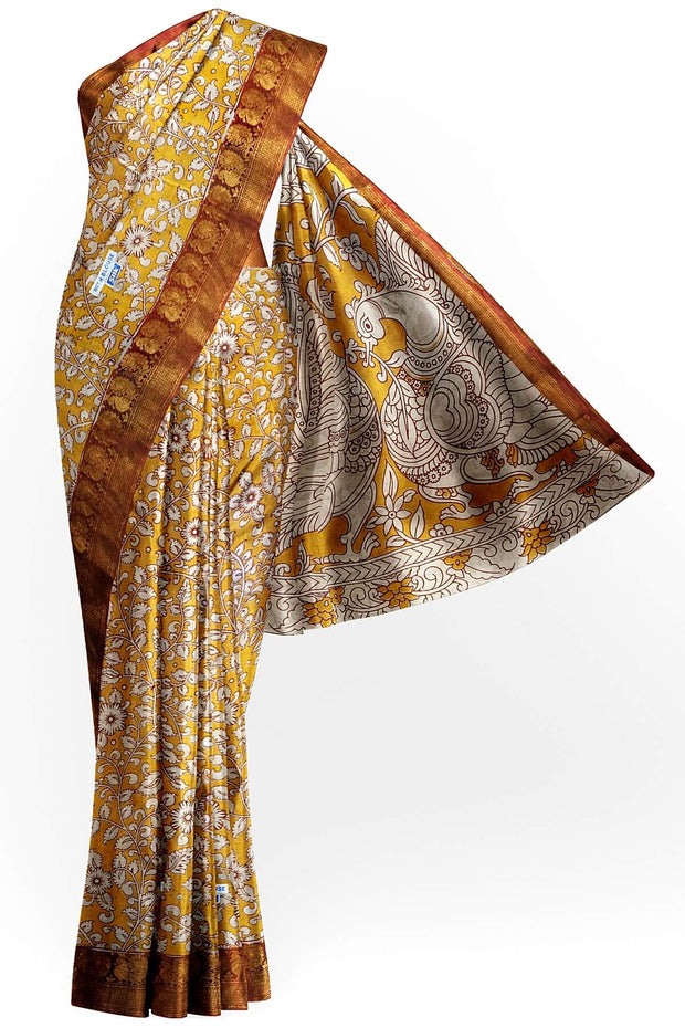 Mangalgiri silk cotton saree in mustard with kalamkari print