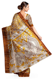 Mangalgiri silk cotton saree in mustard with kalamkari print