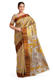 Mangalgiri silk cotton saree in mustard with kalamkari print