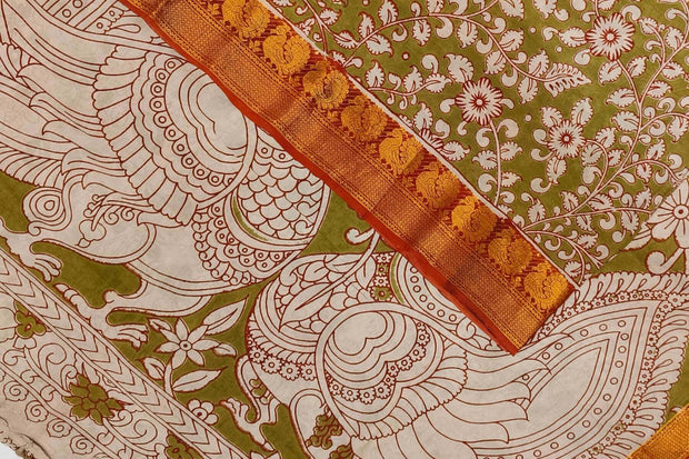 Mangalgiri silk cotton saree in mehndi green with kalamkari print