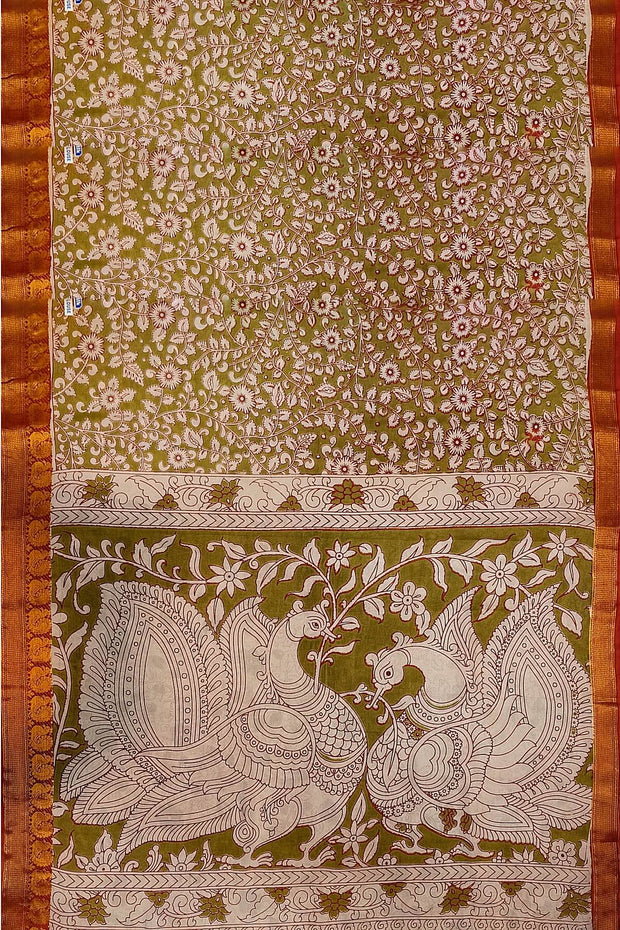 Mangalgiri silk cotton saree in mehndi green with kalamkari print