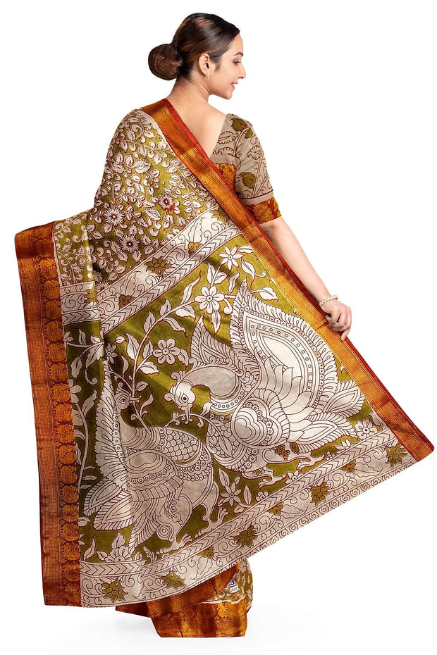 Mangalgiri silk cotton saree in mehndi green with kalamkari print