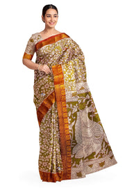 Mangalgiri silk cotton saree in mehndi green with kalamkari print