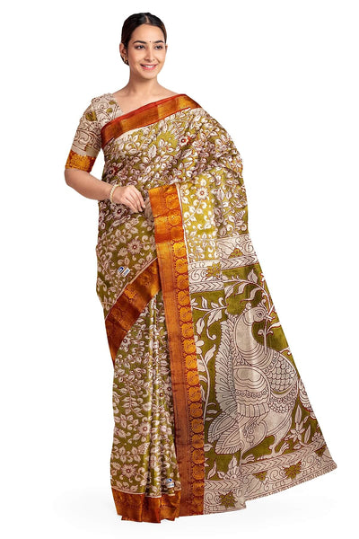 Mangalgiri silk cotton saree in mehndi green with kalamkari print