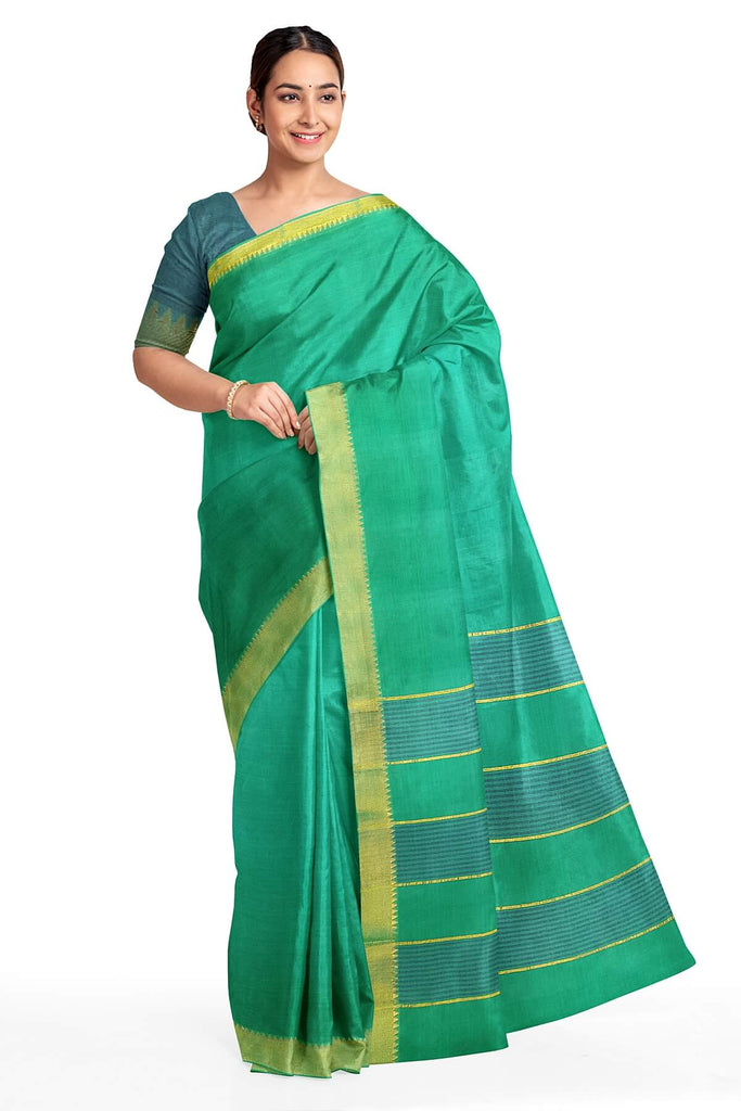 Rama Green Coloured Jute Linen Cotton Saree with Pompom Border!! – Royskart