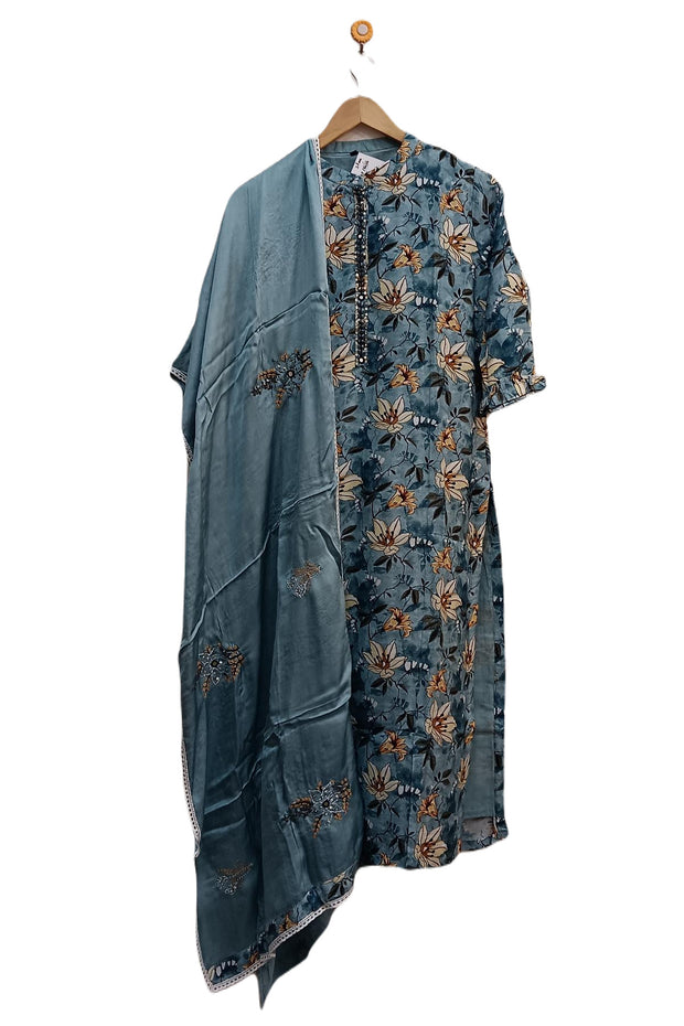 Muslin  2 piece  kurta & dupatta set in bluish grey