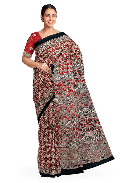 Modal silk saree in red with floral motifs in hand block ajrakh print