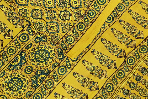 Modal silk saree in yellow with floral motifs in hand block ajrakh print