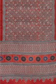Modal silk saree in red with  narikunj pattern in hand block ajrakh print