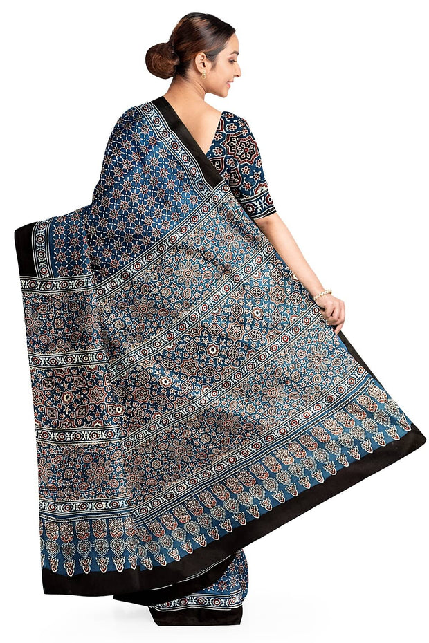 Modal silk saree in blue with star motifs in hand block ajrakh print