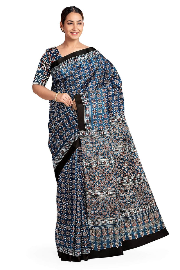 Modal silk saree in blue with star motifs in hand block ajrakh print