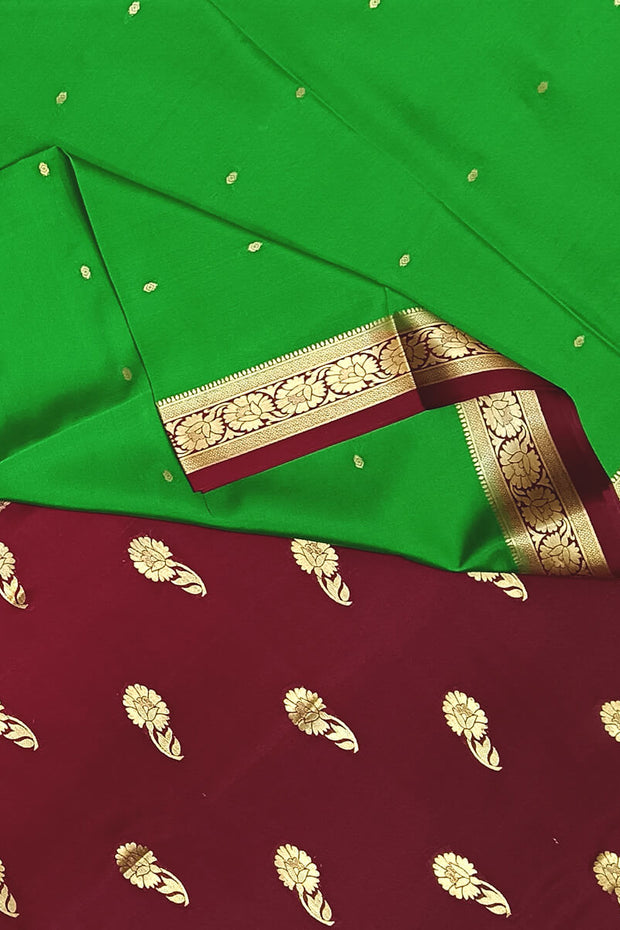 Mysore crepe silk saree in green with small motifs all over the body.