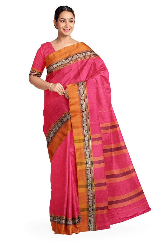 Narayanpet pure cotton saree in pink &  mustard