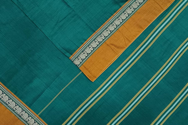 Narayanpet pure cotton saree in bottle green & mustard