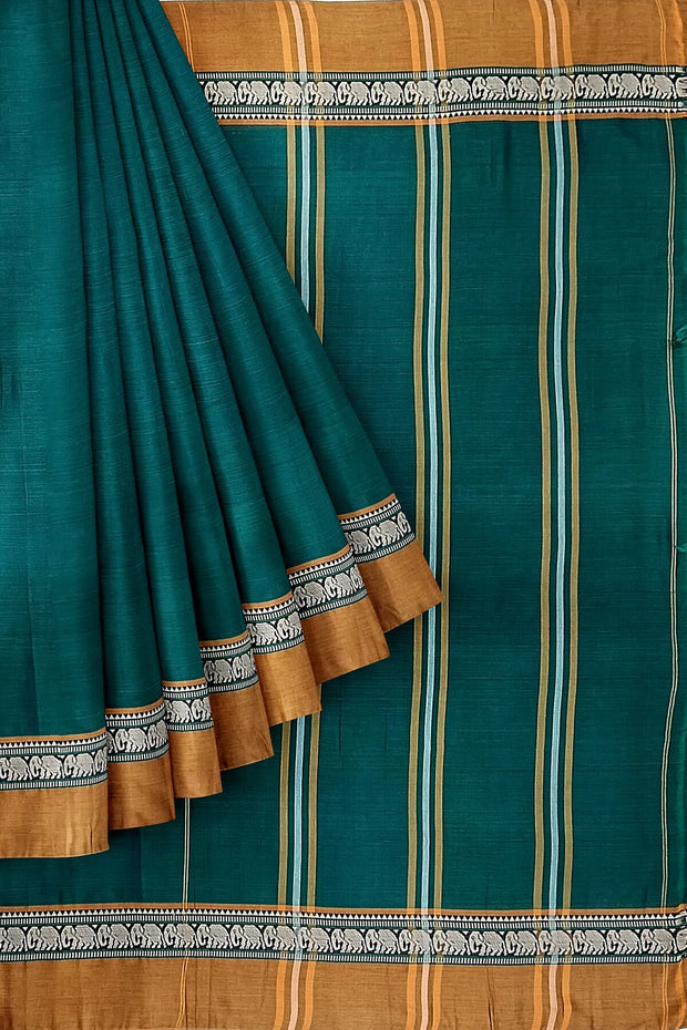 Narayanpet pure cotton saree in bottle green & mustard