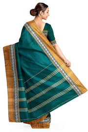 Narayanpet pure cotton saree in bottle green & mustard