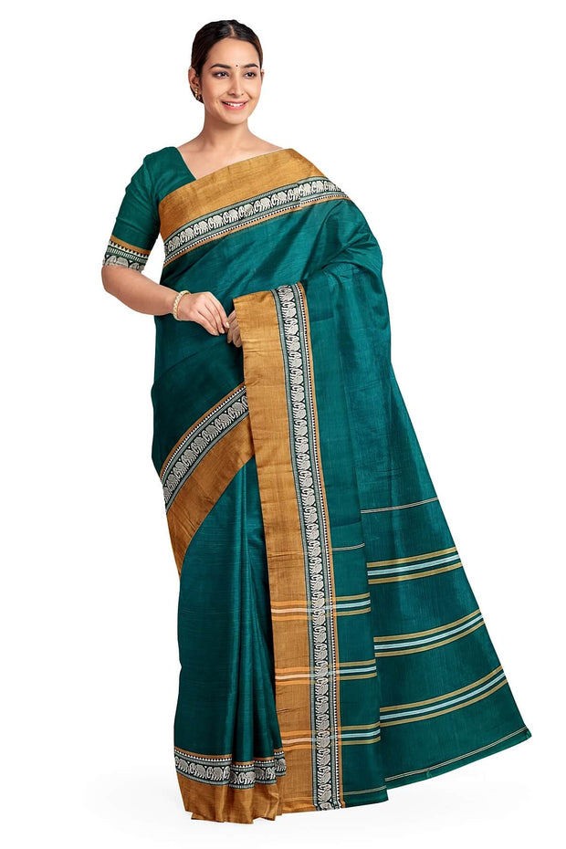 Narayanpet pure cotton saree in bottle green & mustard