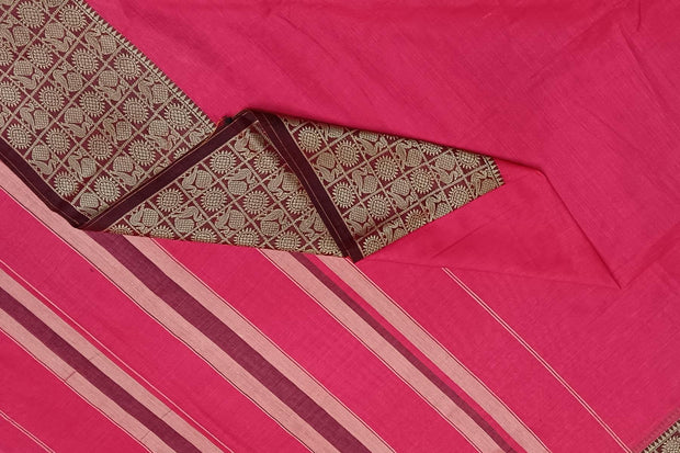 Narayanpet pure cotton saree in pink with chandrika border