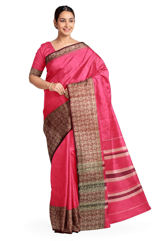 Narayanpet pure cotton saree in pink with chandrika border