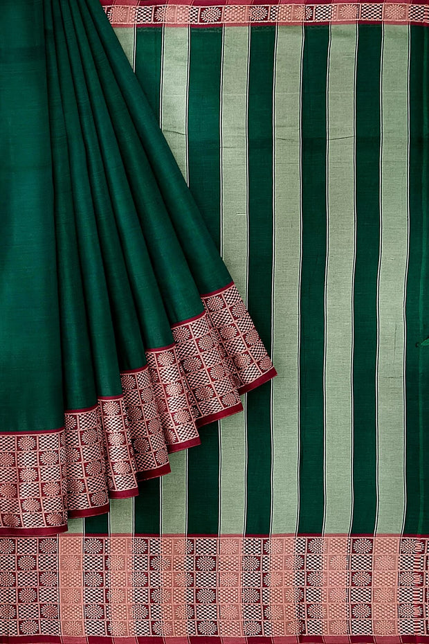 Narayanpet pure cotton saree in bottle green with chandrika border