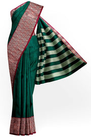 Narayanpet pure cotton saree in bottle green with chandrika border