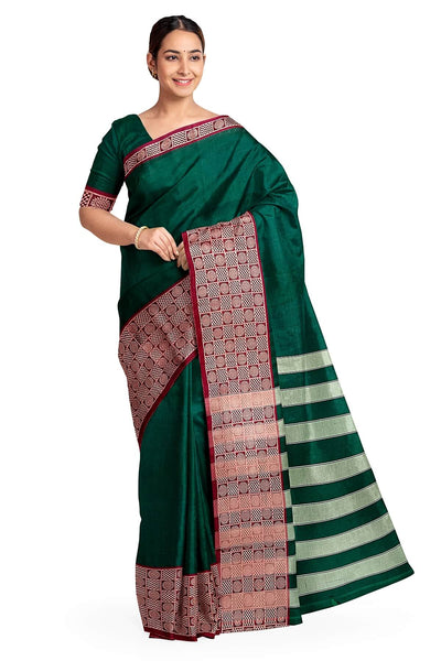 Narayanpet pure cotton saree in bottle green with chandrika border