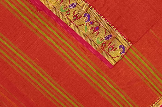 Narayanpet pure cotton saree in rust colour with Paithani border