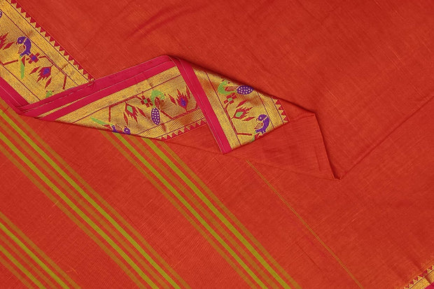 Narayanpet pure cotton saree in rust colour with Paithani border