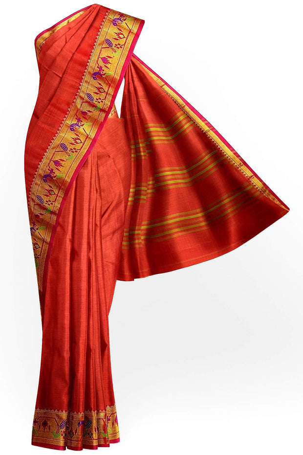 Narayanpet pure cotton saree in rust colour with Paithani border