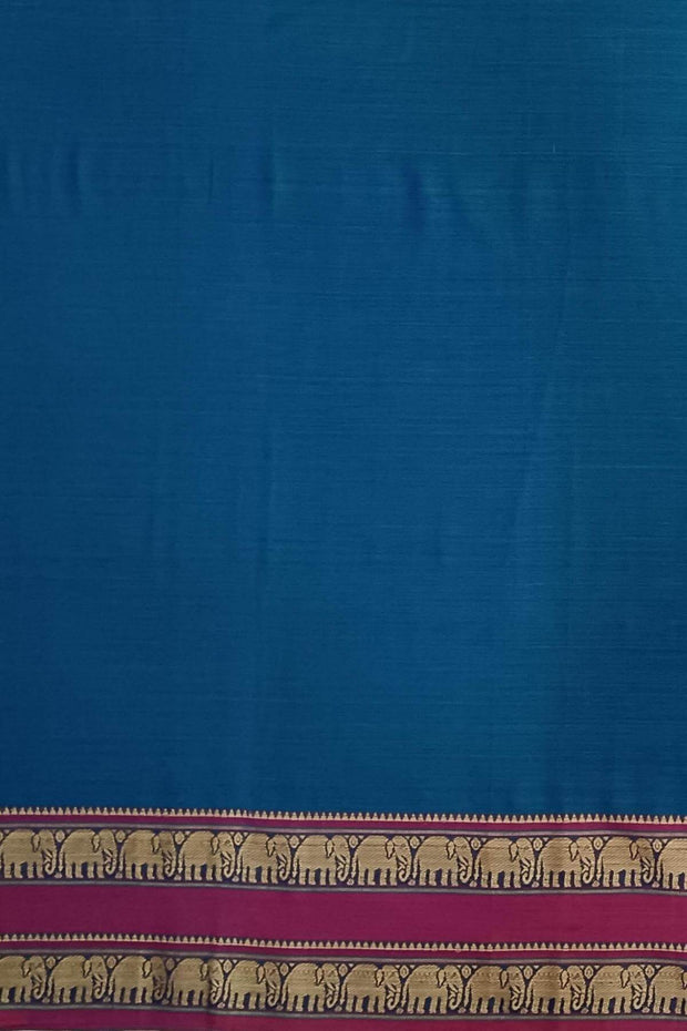 Narayanpet pure cotton saree in peacock blue with elephant border