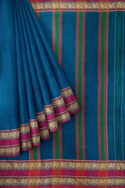 Narayanpet pure cotton saree in peacock blue with elephant border