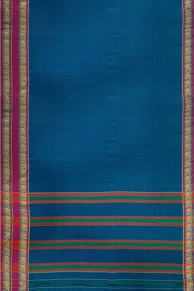 Narayanpet pure cotton saree in peacock blue with elephant border