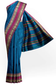 Narayanpet pure cotton saree in peacock blue with elephant border